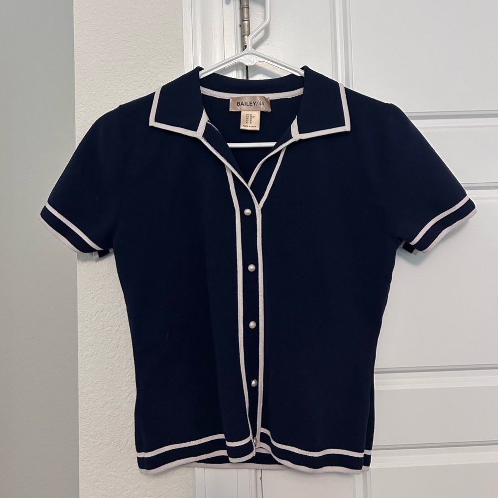 Bailey 44 Navy Knit Button-Front Top with White Trim
